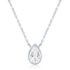 This classic lab-created white sapphire bezel-set pendant features this sparkling pear shaped gemstone in a polished sterling silver setting. | Lab-Created White Sapphire Bezel-Set Pendant Necklace | Sterling Silver | Size 18" | Helzberg Diamonds Classic Bezel-set Teardrop Pendant Jewelry, Classic Teardrop Pendant Jewelry With Bezel Setting, Classic Teardrop Pendant With Bezel Setting, Anniversary Drop Necklace With Bezel Setting, White Drop Solitaire Necklace Classic Style, Anniversary Drop Necklaces With Bezel Setting, Classic Silver Pear-shaped Solitaire Necklace, Fine Jewelry Silver Pear-shaped Solitaire Necklace, Silver Pear-shaped Solitaire Necklace