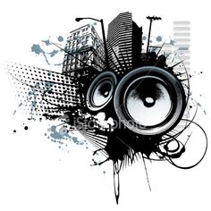 an abstract music background with speakers and buildings