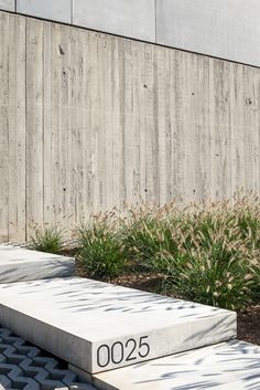 a cement bench sitting in front of a wooden wall with grass growing next to it