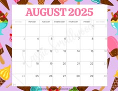 August 2025 calendar free printable with ice cream background Aesthetic August, Printable Ice Cream, Calendar Free Printable