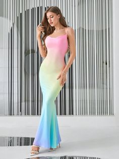 Ultimate Elegance: Ombre Draped Collar Mermaid Hem Cami Dress Summer Mermaid Dress With Fitted Bodice, Fitted Gradient Maxi Dress, Spring Prom Mermaid Dress, Summer Prom Mermaid Dress With Mermaid Hem, Fitted Ombre Dresses For Evening, Fitted Gradient Sleeveless Dress, Multicolor Mermaid Hem Dress For Party, Multicolor Mermaid Dress For Party, Cami Pattern