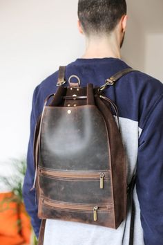 Leather Backpack for Men | Brown Leather Backpack | Qisabags Functional Leather Shoulder Backpack, Practical Leather Duffle Bag For Everyday Use, Practical Leather Standard Backpack, Backpack With Leather Handles For Everyday Carry, Everyday Carry Backpack With Leather Handles, Leather Backpack For Everyday Carry, Leather Backpack With Zipper Pocket, Leather Travel Backpack For Everyday Use, Everyday Leather Backpack