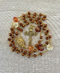 Fall Leaves And Pumpkins, Chain Rosary, Espresso Brown, Autumn Harvest, Pumpkin Orange, Faceted Crystal, Fall Leaves, Fall Harvest