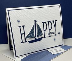 a happy birthday card with a sailboat on the front and blue background, which reads happy birthday