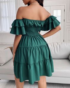 Solid Off Shoulder Shirred Ruffle Hem Dress Solid Tiered Mini Dress With Ruffle Hem, Tiered Mini Dress With Ruffle Hem, Solid Color Off-shoulder Dress With Ruffles, Off-shoulder Ruffled Mini Dress, Ruffled Tiered Mini Dress In Solid Color, Mini Dress With Ruffles In Tiered Design, Solid Color Ruffle Dresses For Brunch, Green Off-shoulder Ruffled Midi Dress, Solid Color Tiered Ruffle Dress