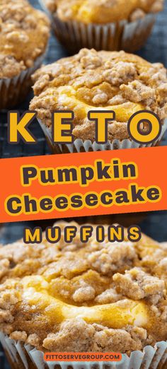 keto pumpkin cheesecake muffins on a cooling rack with text overlay