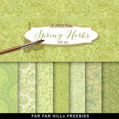 a set of four green paper sheets with floral designs and a pen in the middle