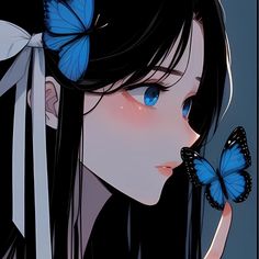 a girl with blue butterflies in her hair