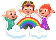 three children standing on top of a rainbow with their arms in the air and hands up