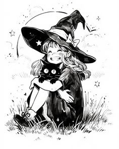 a black and white drawing of two children dressed as witches sitting on the ground with their arms around each other