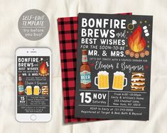 this is an image of a bonfire and beer birthday party card with the message bonfire brews and best wishes for the son - to - be