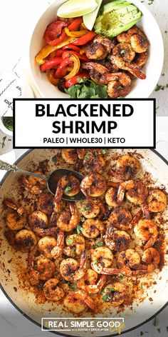 two photos with the words blackened shrimp in them