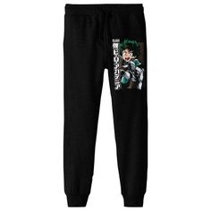 Train at the UA Academy with these My Hero Academia jogger pants. The pants feature an image of Deku next to white letters that spell out the series logo. The sweatpants come in black with an elastic waistband. My Hero Academia fans will love these comfy jogger pants. Casual Black Pants With Logo Print, Casual Character Print Black Bottoms, Casual Black Bottoms With Character Print, Casual Streetwear Bottoms With Character Print, Black Bottoms With Character Print For Streetwear, Sporty Black Pants With Graphic Print, Casual Black Joggers With Logo Print, Sports Graphic Print Black Pants, Sporty Black Pants With Logo Print