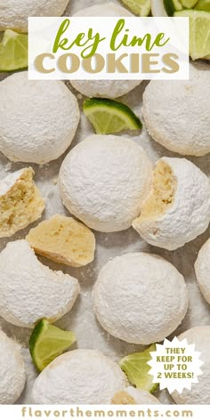 key lime cookies with the words key lime cookies on top and an image of sliced limes in the background