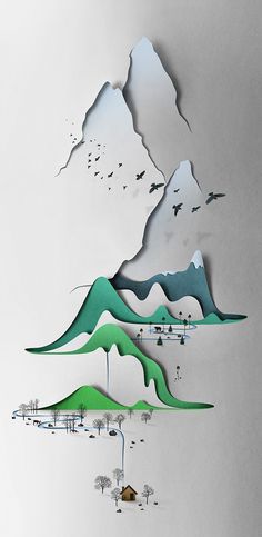 paper cut mountains and trees with birds flying over them on a white wallpaper background