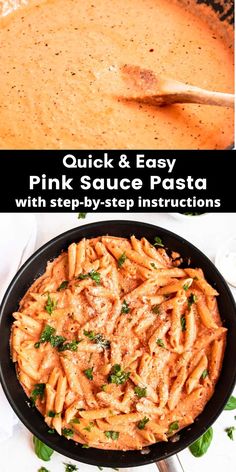 the recipe for pink sauce pasta in a skillet