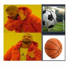 three pictures of a man in an orange jacket with a basketball on his chest and the same photo of a ball as well