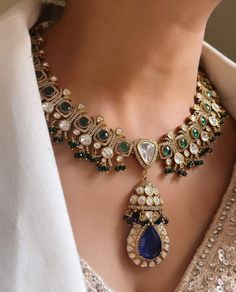 Fine Sabyasachi Inspired Gold Plated Emerald Green Sapphire Blue Wedding Jewelry Kundan Set With Earrings Indian Pakistani Wedding Jewelry - Etsy Sabyasachi Inspired Jewelry, Royal Jewelry Indian, Pendent Set Gold, Emerald Necklace Indian, Blue Jewellery Set, Sapphire Blue Wedding, Pakistani Wedding Jewelry, Necklace Set Indian Bridal Jewelry, Maybelline Foundation