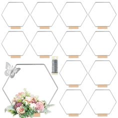 the printable hexagonal frame is shown with flowers and a butterfly on it