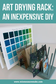 A blue-green painted wood drying rack with dowel posts holds colourful mini paintings and colour charts. White text on teal background: Art drying rack: An inexpensive DIY Diy Art Drying Rack, Art Drying Rack, Wall Drying Rack, Dyi Art, Office Crafts, Art Storage, Craft Room Office, Homemade Crafts, Drying Rack