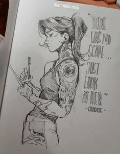 a drawing of a girl with tattoos on her arm holding a knife and looking at the camera