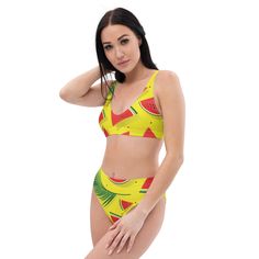 It’s too easy to fall in love with this watermelon bikini set. Removable pads and its double-layer make it comfy to wear all day by the pool or at the beach.• Fabric composition in the EU: 88% recycled polyester, 12% elastane• Fabric weight in the EU (may vary by 5%): 6.78 oz/yd² (230 g/m²)• Fabric composition in MX: 81% REPREVE recycled polyester, 19% LYCRA XTRALIFE • Fabric weight in MX (may vary by 5%): 7.52 oz/yd² (255g/m²)• Double-layered and non-reversible• Removable padding• Tear-away care label• Zig-zag stitchingThis product is made especially for you as soon as you place an order, which is why it takes us a bit longer to deliver it to you. Making products on demand instead of in bulk helps reduce overproduction, so thank you for making thoughtful purchasing decisions! Size guide C Green Swimwear For Summer Beach Activities, Playful Green Swimwear For Summer Activities, Tropical Swimwear For Summer Activities, Fun Green Swimwear For Summer, Green Swimwear For Summer Activities, Fun Green Swimwear For Vacation, Playful Triangle Top Tankini For Vacation, Summer Fruit Print Swimwear For Swimming, Fun Green Swimwear For Pool