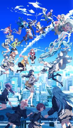 an anime poster with many people flying in the sky over cityscape and skyscrapers