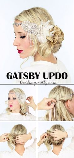 Top 10 Adorable Updo Hairstyles For Every Hair Length Gatsby Updo, Gatsby Hairstyles, Sanggul Cepol, Great Gatsby Hairstyles, Flapper Girl Costumes, Look Gatsby, 20s Hair, Flapper Girls, Flapper Hair