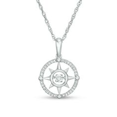 Set her in the right direction with this compass pendant from the Unstoppable Love™ Collection. Crafted in sterling silver, this shimmering compass rose design features a sparkling diamond-lined circle frame. Inside, a single diamond glistens in a unique setting that moves with every beat of her heart and every turn of her head. Radiant with 1/15 ct. t.w. of diamonds and a bright polished shine, this pendant suspends along an 18.0-inch rope chain that secures with a spring-ring clasp. White Gold Jewelry With Compass Design, Round Diamond Jewelry With Compass Design, Diamond Compass Design Round Jewelry, White Gold Compass Medallion Jewelry, White Gold Compass Design Medallion Jewelry, Compass Design Round Pendant Jewelry For Anniversary, Round Pendant Jewelry With Compass Design For Anniversary, Round Pendant Compass Design Jewelry For Anniversary, Compass Rose Design