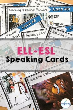 several cards with the words ell - esl speaking cards in front of them