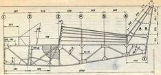 an old drawing shows the details of a small airplane with wings and wheels, as well as measurements