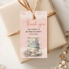 a gift tag with a tea cup and saucer on it that says, thank you for coming to my hot tea party