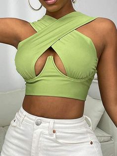 Summer Women Cross Hollow Vest Sexy Sleeveless Solid Color Halter Halter Plastic Waist Bust Top Crossover Crop Top, Criss Cross Tank Top, Backless Halter Top, Streetwear Summer, Y2k Outfits, Tops Fashion, Trending Dresses, Stylish Shirts, Summer 2024