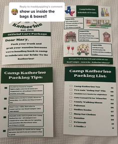 two pamphlets with instructions on how to pack for camping in the back and behind them