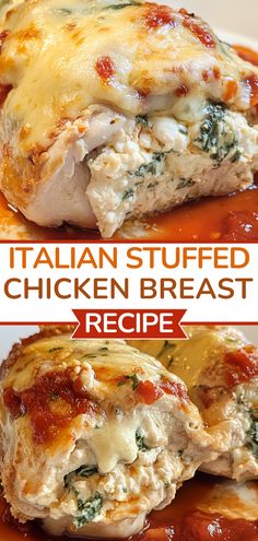 two pictures of stuffed chicken breast with sauce and cheese on the top, and in the bottom