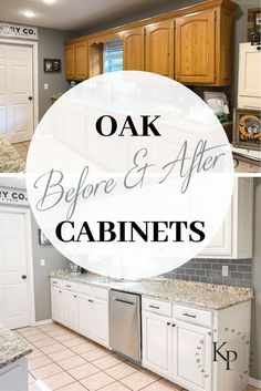 oak before and after cabinets with text overlay that reads oak before and after cabinets