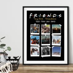 a black and white poster with pictures of friends hanging on the wall next to a potted plant