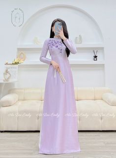 🌻Material: Lụa vân gỗ Stretchy level: 2/10 🌻 The measurement of this ao dai (long dress) is in Vietnamese size (American size tends to be bigger for the same size). Please LOOK AT THE SIZE CHART CAREFULLY BEFORE ORDERING. There might have some chalk writings on the fabric due to making process. These marks can be washed away easily. 🌻🌻No returns or exchanges Buyer can contact seller about any issues with an order. 💜 Thank you very much!💜 Traditional Lavender Dress For Party, Traditional Lavender Fitted Dress, Traditional Lavender Floor-length Dress, Festive Long Sleeve Lavender Dress, Formal Embroidered Ao Dai For Spring, Embroidered Long Sleeve Ao Dai For Party, Festive Wedding Ao Dai In Maxi Length, Embroidered Ao Dai For Spring Formal, Festive Lavender Long Sleeve Dress