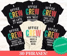 five shirts with the words office crew printed on them, in different colors and styles