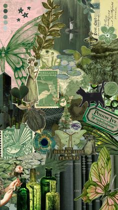 a collage of green bottles, plants and other things in the background with words on them