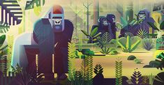 three gorillas in the jungle with trees and plants