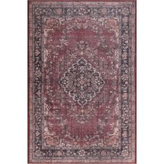 a red rug with an ornate design on the middle and bottom, in grey tones