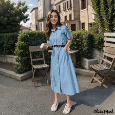 Olivia Mark - Vintage Knee-Length Denim Dress with Cinched Waist and Waist Belt Vintage Denim Dress, Midi Skirt Outfit, Silk Jumpsuit, Basic Skirt, Denim Midi Dress, Vestidos Vintage, Basic Outfits, Light Blue Color, High Waisted Trousers