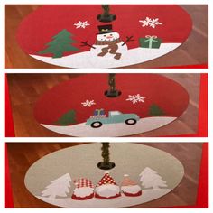 three different pictures of snowmen and trees in the shape of oval paper plates with christmas decorations on them