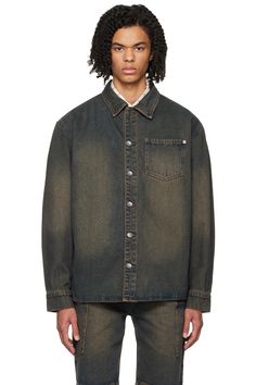 Navy Faded Denim Shirt by WYNN HAMLYN on Sale Dark Wash Tops With Button Closure For Streetwear, Denim Shirt For Streetwear In Fall, Fall Denim Shirt For Streetwear, Denim Shirt For Fall Streetwear, Washed Black Denim Button-up Top, Relaxed Fit Button-up Denim Top For Streetwear, Relaxed Fit Denim Button-up Top For Streetwear, Wynn Hamlyn, Denim Washes