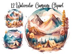 watercolor camping clipart with mountains and trees