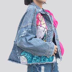 Take a step back in time and bring the past into the present with our Y2K-inspired Ribbon Jean Jacket for Women from our 2023 Spring-Summer Collection. With a stunning large fit and dazzling embellishments. this jacket is a unique piece of art that will turn heads wherever you go!Distinctive Features: Y2K Style: This jacket is an iconic reminder of the 90s. featuring a timeless denim fabric and a modern roomy fit. Embellished: This jacket is adorned with intricate ribbon detailing and unique tou Spring Denim Embellished Outerwear, Spring Embellished Denim Outerwear, Embellished Blue Denim Jacket For Spring, Spring Embellished Blue Denim Jacket, Casual Embellished Blue Outerwear, Casual Blue Embellished Outerwear, Casual Spring Outerwear With Sequins, Casual Sequined Outerwear For Spring, Trendy Embroidered Summer Outerwear