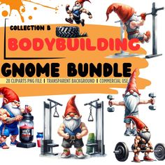 an image of some gnomes doing different things in front of a sign that says bodybuilding