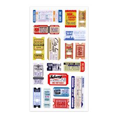 a bunch of different types of tickets on a white background