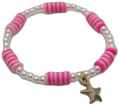 Pink Beaded Bracelets With Star Charm, Cute Pink Star-shaped Bracelets, Trendy Pink Bracelets With Star Charm, Adjustable Pink Beaded Bracelets With Star Charm, Adjustable Pink Beaded Bracelet With Star Charm, Playful Pink Jewelry With Star Charm, Pink Beaded Bracelet With Pearl Charm As A Gift, Pink Beaded Bracelet With Pearl Charm For Gift, Cute Pink Pearl Charm Jewelry